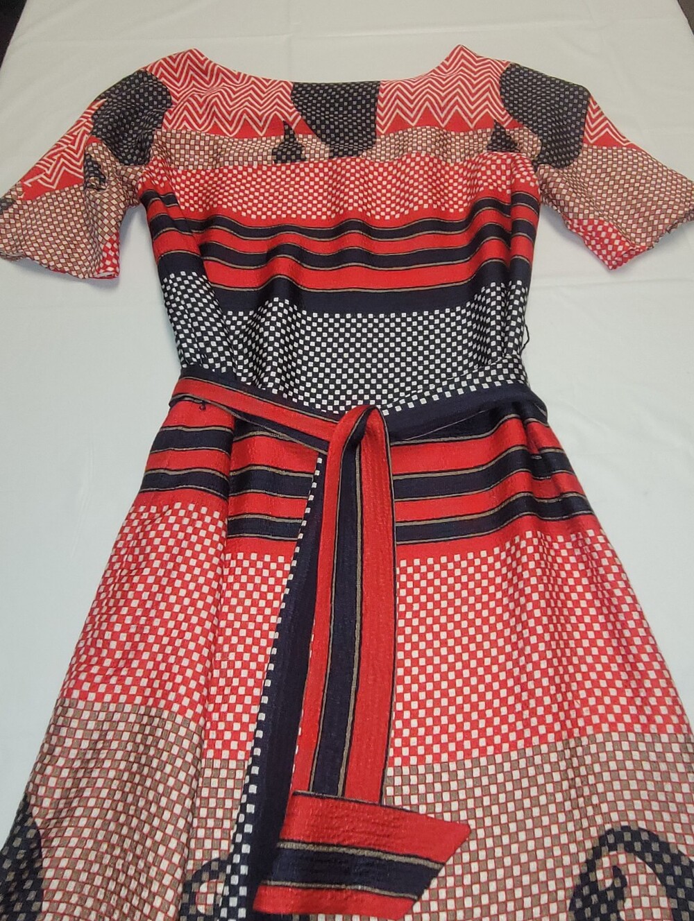 Tory Burch Silk Red and Navy Patterned Belted Midi Dress